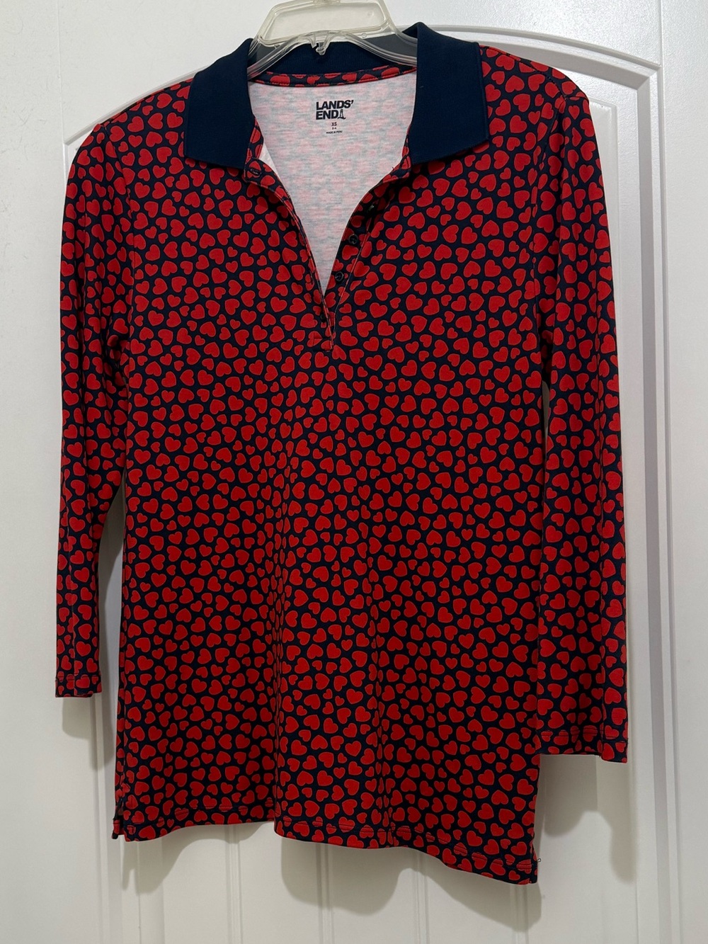 Lands End Navy Blue Red Heart Performance 3/4 Sleeve Polo Shirt - Womens XS